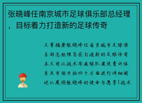 张晓峰任南京城市足球俱乐部总经理，目标着力打造新的足球传奇